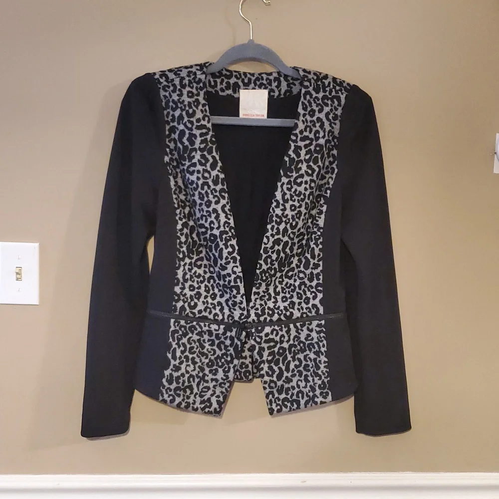Rebecca Taylor Convertible Black Gray Leopard Print Peplum Knit Blazer Size 8 - Picture 4 of 11